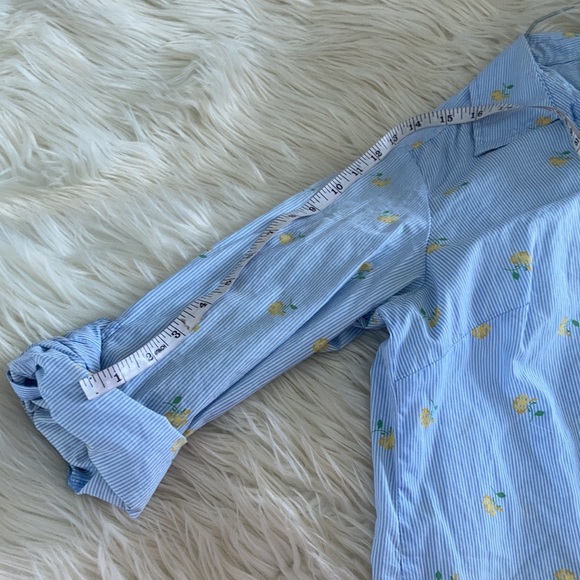 Karen Scott blue white pink striped yellow rose floral printed button front top - Picture 14 of 17